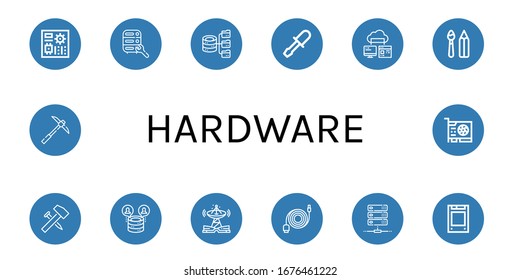 Set of hardware icons. Such as Motherboard, Maintenance, Hosting, Chisel, Computer storage, Paint tools, Hammer, Server, Technology, Data cable, Solid state drive , hardware icons