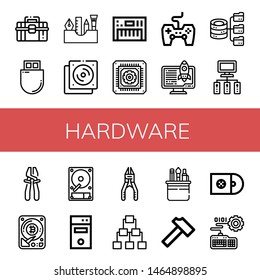 Set of hardware icons such as Toolbox, Flash drive, Painting tools, Cd, Keyboard, Cpu, Game controller, Server, Hosting, Plier, Hard disk, Computer tower, Tools, Hammer , hardware