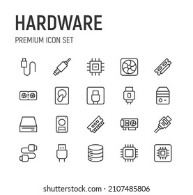 Set of hardware line icons. Premium pack of signs in trendy style. Pixel perfect objects for UI, apps and web. 