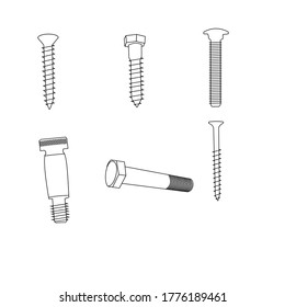 Set of hardware, outline vector illustration, image of various fasteners for design and creativity