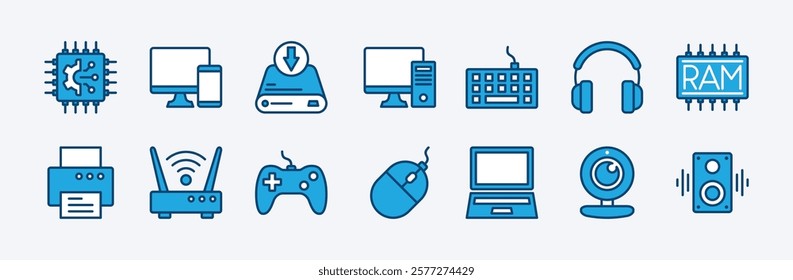 Set of hardware technology icon. Contains chips, computer device parts, mobile, hard drive, keyboard, headphone, printer, wifi router, gamepad, mouse, laptop, webcam, speaker, ram. Vector illustration