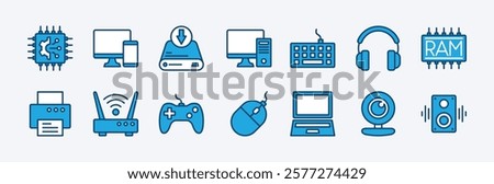Set of hardware technology icon. Contains chips, computer device parts, mobile, hard drive, keyboard, headphone, printer, wifi router, gamepad, mouse, laptop, webcam, speaker, ram. Vector illustration