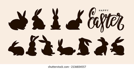 Set of hare shadow design element. Silhouette for card, poster, sticker, pattern. Easter bunny, rabbit. Cute animal silhouette. Vector illustration isolated on white background.