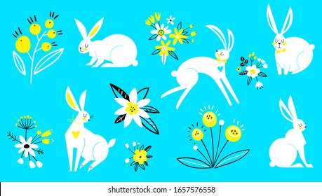 Conjunto de arcos de estilo plano. Conejos blancos de fondo azul. Flores de primavera. Diseño de Semana Santa con tierno y ilustración dibujada a mano.