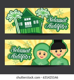 Set of Hari Raya Aidilfitri vector illustration banner with cute muslim boy and girl and traditional malay village. Caption: Fasting Day of Celebration