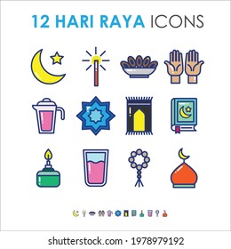 Set of Hari Raya or also know as muslim celebration icons isolated on white background. Simple style and modern concept use for web, social media or apps. Ramadan kareem. Praying, hajj and umrah.