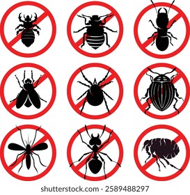 a set of harmful insect icons in a red crossed-out circle vector illustration