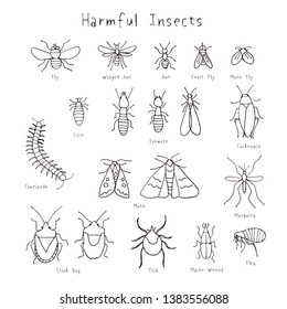 Set of harmful insects hand-drawin illustration
