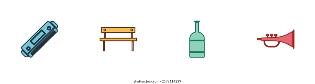 Set Harmonica, Bench, Beer bottle and Musical instrument trumpet icon. Vector