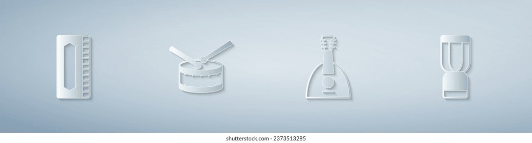 Set Harmonica, Drum with drum sticks, Balalaika and African djembe. Paper art style. Vector