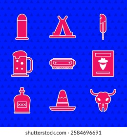 Set Harmonica, Mexican sombrero hat, Buffalo skull, Wanted western poster, Alcohol drink Rum bottle, Wooden beer mug, Feather pen and Bullet icon. Vector