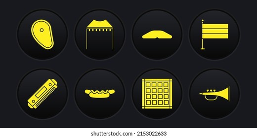 Set Harmonica, National Germany flag, Hotdog sandwich, Checkered napkin, Homemade pie, Camping tent, Musical instrument trumpet and Steak meat icon. Vector