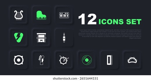 Set Harmonica, Tambourine, Piano, Vinyl disk, Guitar pick, neck, Grand piano and Drum with drum sticks icon. Vector