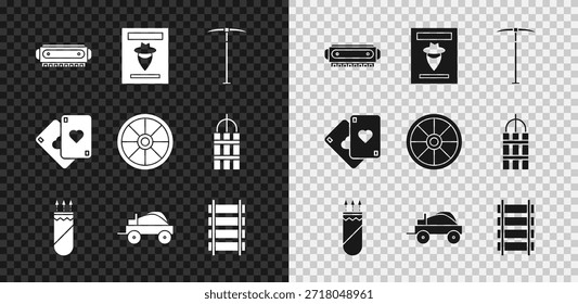 Set Harmonica, Cartaz ocidental procurado, Pickaxe, Quiver com setas, Vagão coberto selvagem, Ferrovia, trilho de estrada de ferro, Jogando cartas e ícone roda de madeira velha. Vetor