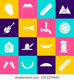 Set Harmonica, Wooden beer mug, Bottle cap, French baguette bread, Musical instrument trumpet, Violin, Steak meat and Beer tap icon. Vector