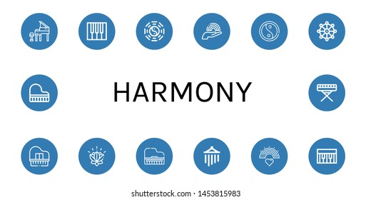 Set of harmony icons such as Grand piano, Piano, Taoism, Rainbow, Yin yang, Buddhism, Lotus, Wind chimes , harmony