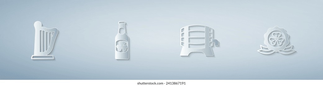 Set Harp, Beer bottle with clover, Wooden barrel on rack and Medal. Paper art style. Vector