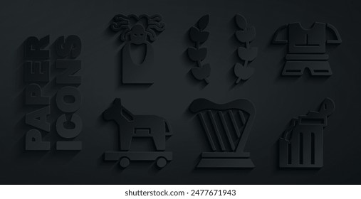 Set Harp, Body armor, Trojan horse, Broken ancient column, Laurel wreath and Medusa Gorgon icon. Vector