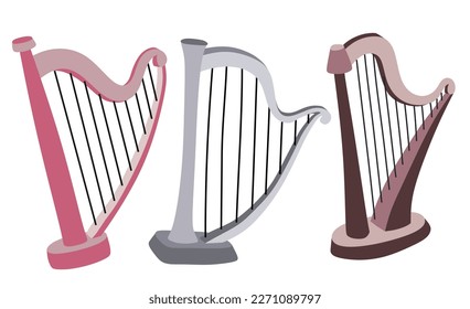 set of Harp cartoon. Classical string musical instrument. 