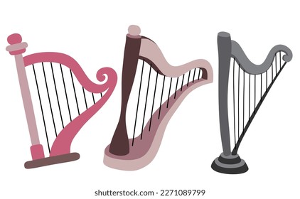 set of Harp cartoon. Classical string musical instrument. 