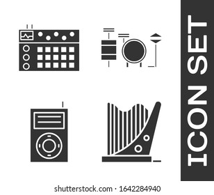 Set Harp, Drum machine, Music MP3 player and Drums icon. Vector