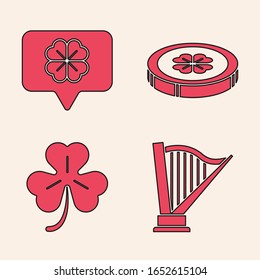 Set Harp, Four leaf clover in speech bubble, Gold coin with four leaf clover and Four leaf clover icon. Vector