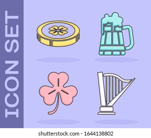 Set Harp, Gold coin with clover, Four leaf clover and Wooden beer mug icon. Vector