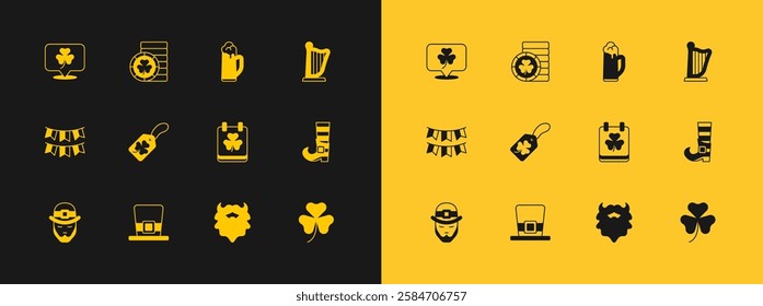 Set Harp, Leprechaun hat, Saint Patricks day with calendar, Mustache and beard, Clover trefoil leaf tag, Glass of beer,  and Golden leprechaun coin icon. Vector