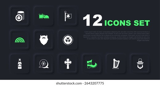 Set Harp, Leprechaun, Mustache and beard, boot, Rainbow, Clover trefoil leaf,  and Celtic cross icon. Vector