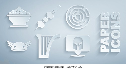 Set Harp, Minotaur labyrinth, Helmet with wings, Greek helmet, Olive and cheese on chopstick and Olives bowl icon. Vector
