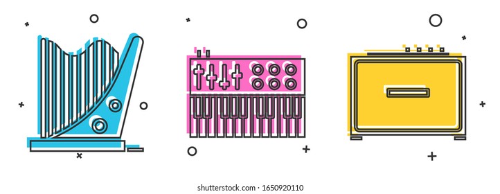 Set Harp, Music synthesizer and Guitar amplifier icon. Vector