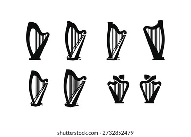 A set of harp silhouettes, symbolizing St Patrick's Day and Ireland, featuring various harp designs
