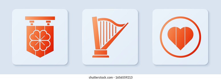 Set Harp, Street signboard with four leaf clover and Heart and Happy Saint Patrick day. White square button. Vector