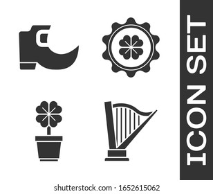 Set Harp, Tradition leprechaun boots, Four leaf clover in pot and Bottle cap with four leaf clover icon. Vector