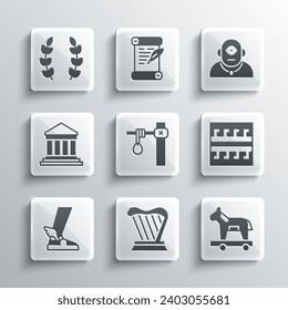 Set Harp, Trojan horse, Ancient Greek pattern, Gallows, Hermes sandal, Parthenon, Laurel wreath and Cyclops icon. Vector