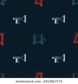 Set Harp, Wooden barrel on rack and Trumpet on seamless pattern. Vector