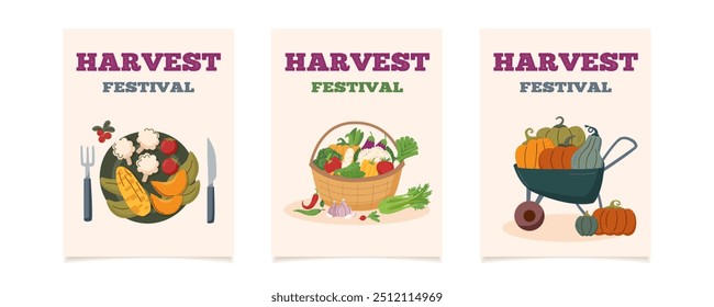 Set of harvest festival cards. Happy harvest posters. Autumn, harvest and Thanksgiving concept. 