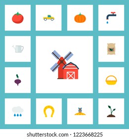 Set of harvest icons flat style symbols with egg basket, pumpkin, sow and other icons for your web mobile app logo design.