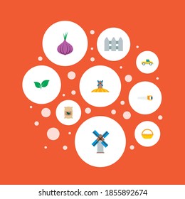 Set of harvest icons flat style symbols with fence, dumper truck, egg basket and other icons for your web mobile app logo design.