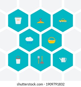 Set von Erntesymbolen flache Symbole mit Ei-Korb, Müller-LKW, Regen und anderen Symbolen für Ihr Web-App-Logo.