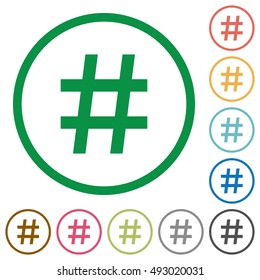 Set of hash tag color round outlined flat icons on white background