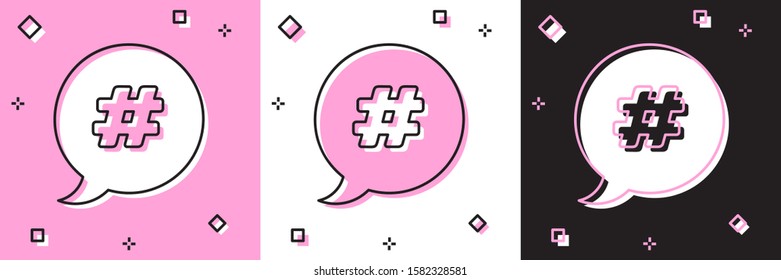 Set Hashtag speech bubble icon isolated on pink and white, black background. Concept of number sign, social media marketing, micro blogging.  Vector Illustration