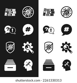 Set Hashtag speech bubble, Question and Exclamation, Office folders, Stop virus, bacteria, Wrench gear, Human head service and Drawer with documents icon. Vector