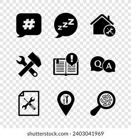 Set Hashtag speech bubble, Speech with snoring, House service, File document, Location, Microorganisms under magnifier, Crossed hammer and wrench and Interesting facts icon. Vector