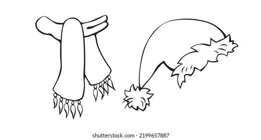 Set of hat, cap, scarf icons. Vector outline winter accessories. Hand drawn children's or Santa claus clothes
