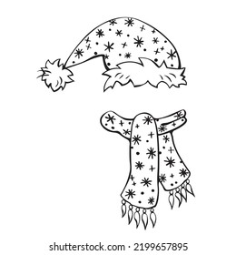 Set of hat, cap, scarf icons. Vector outline winter accessories. Hand drawn children's or Santa claus clothes