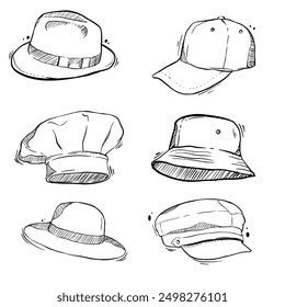 Set of Hat doodle illustration. Isolated on white background