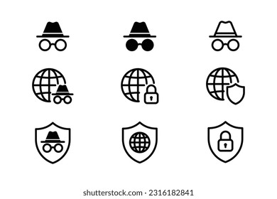 Set of hat with glasses icons, incognito mode icon, sefety and protected connection to network vector icons. Browse in private mode.