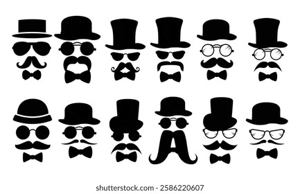 Set of hat with glasses and mustache design 