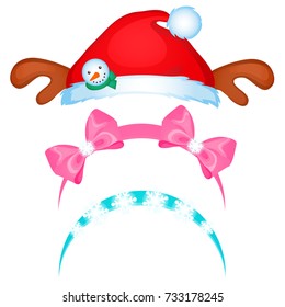 A set of hat and headbands in the style of Christmas and New year isolated on white background. Vector cartoon close-up illustration.